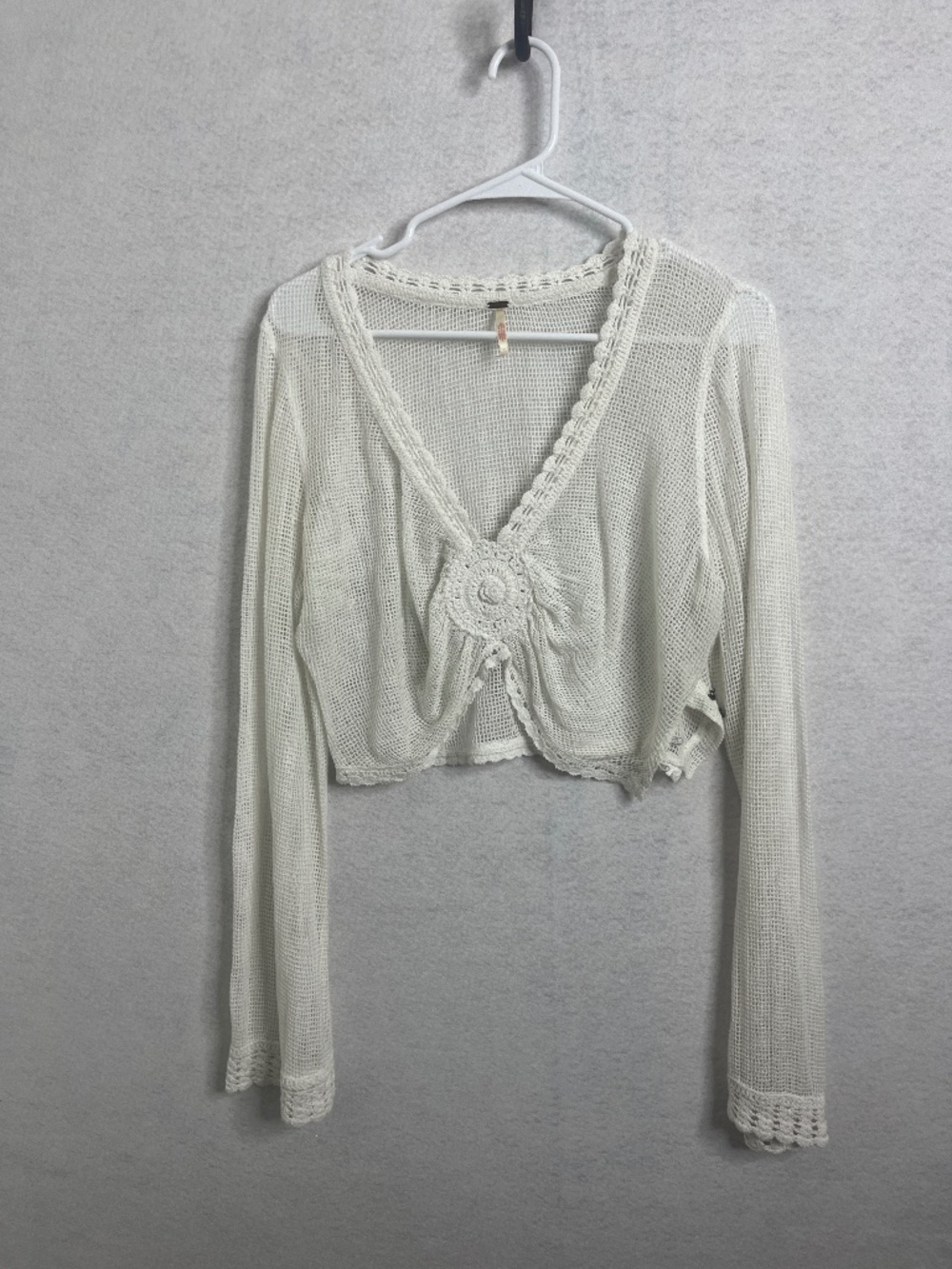 Free People White Crochet Mesh Crop Top Long Sleeve Boho